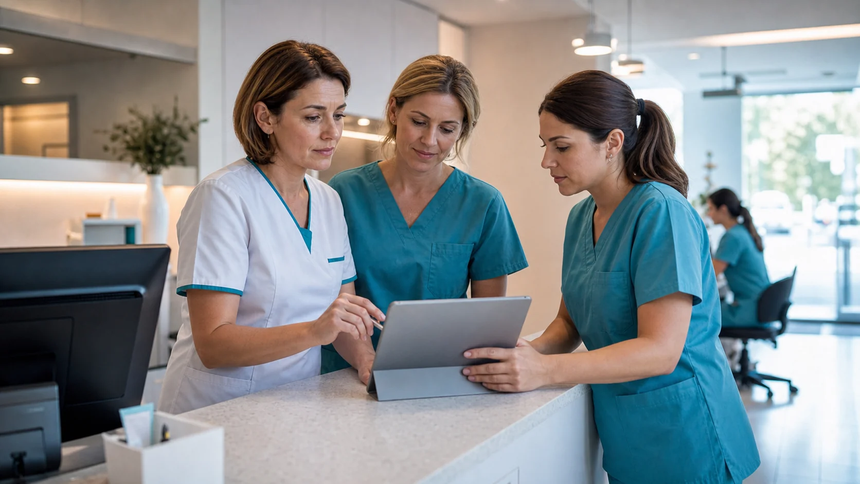 Manageră de clinică și colegele ei coordonând activitatea împreună pe o tabletă