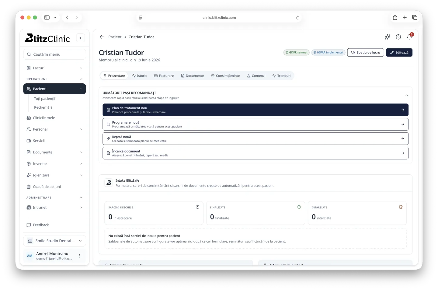 BlitzClinic patient workspace with clinical and appointment information