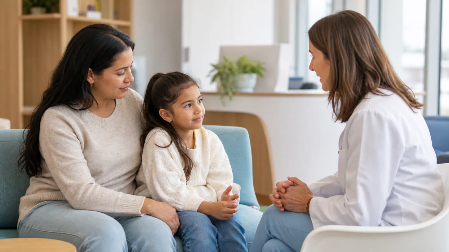 Un părinte și un copil discută cu un coordonator într-o sală pediatrică luminoasă