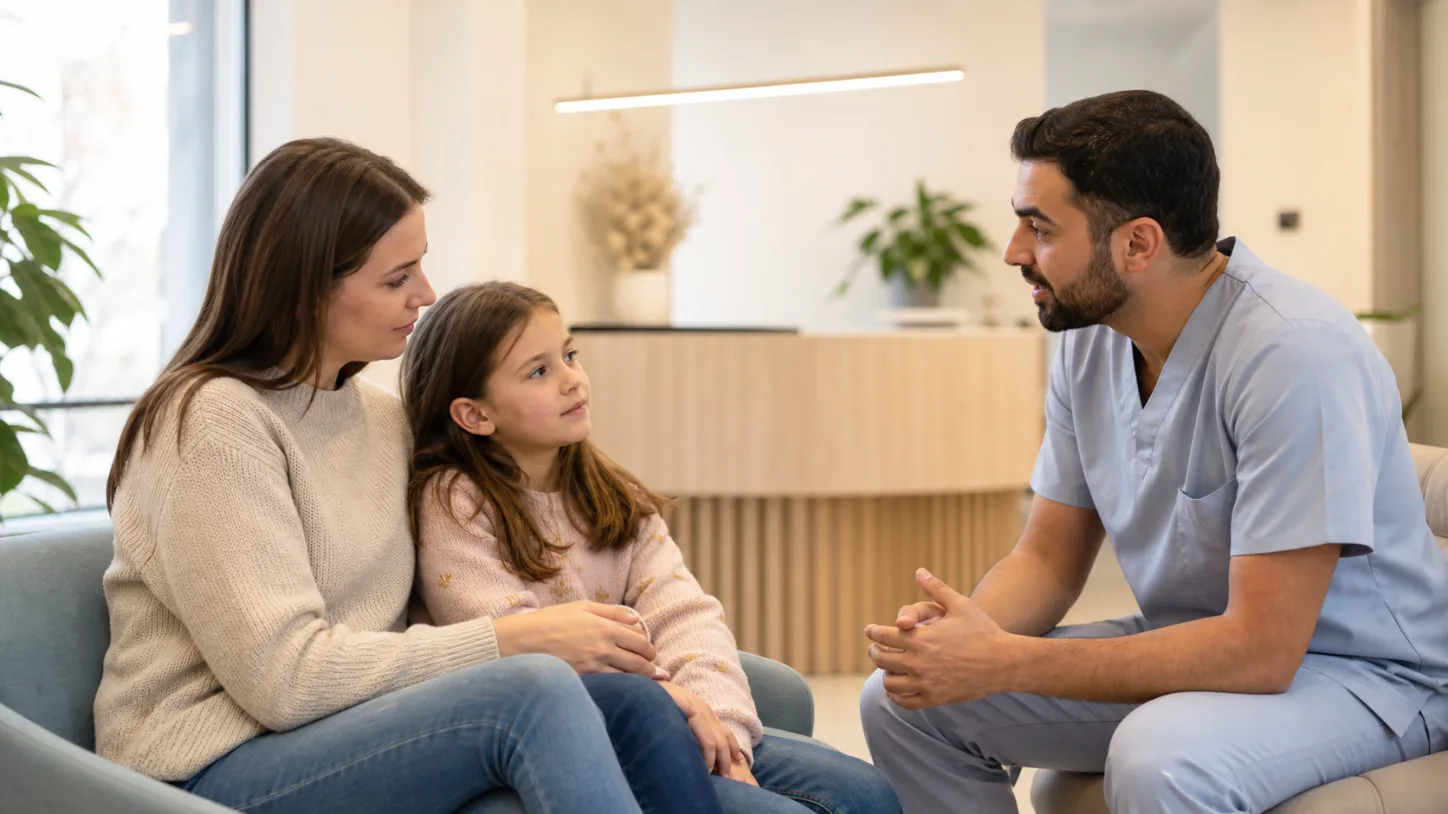 Un părinte și un copil discută cu un coordonator într-o sală pediatrică luminoasă