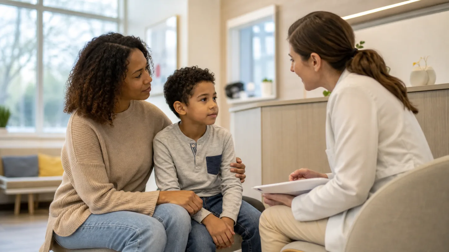Un părinte și un copil discută cu un coordonator într-o sală pediatrică luminoasă