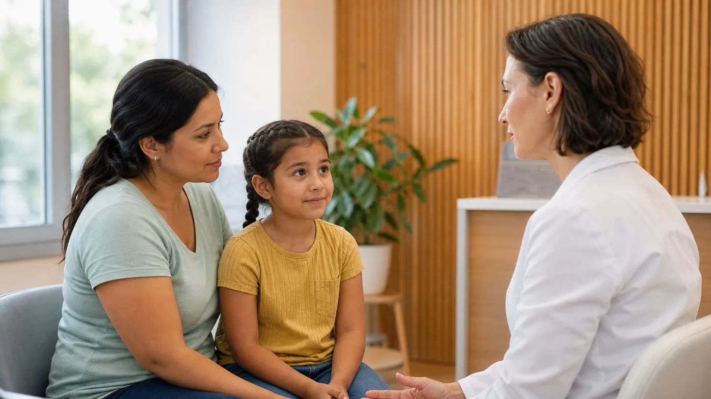 Un părinte și un copil discută cu un coordonator într-o sală pediatrică luminoasă