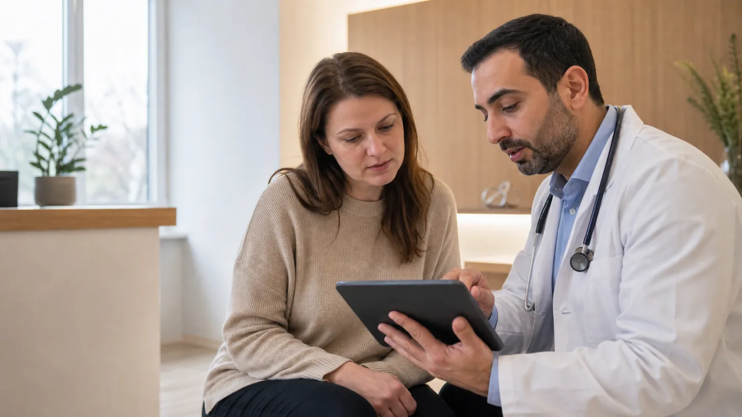 Un pacient și un endocrinolog compară evoluția rezultatelor pe o tabletă