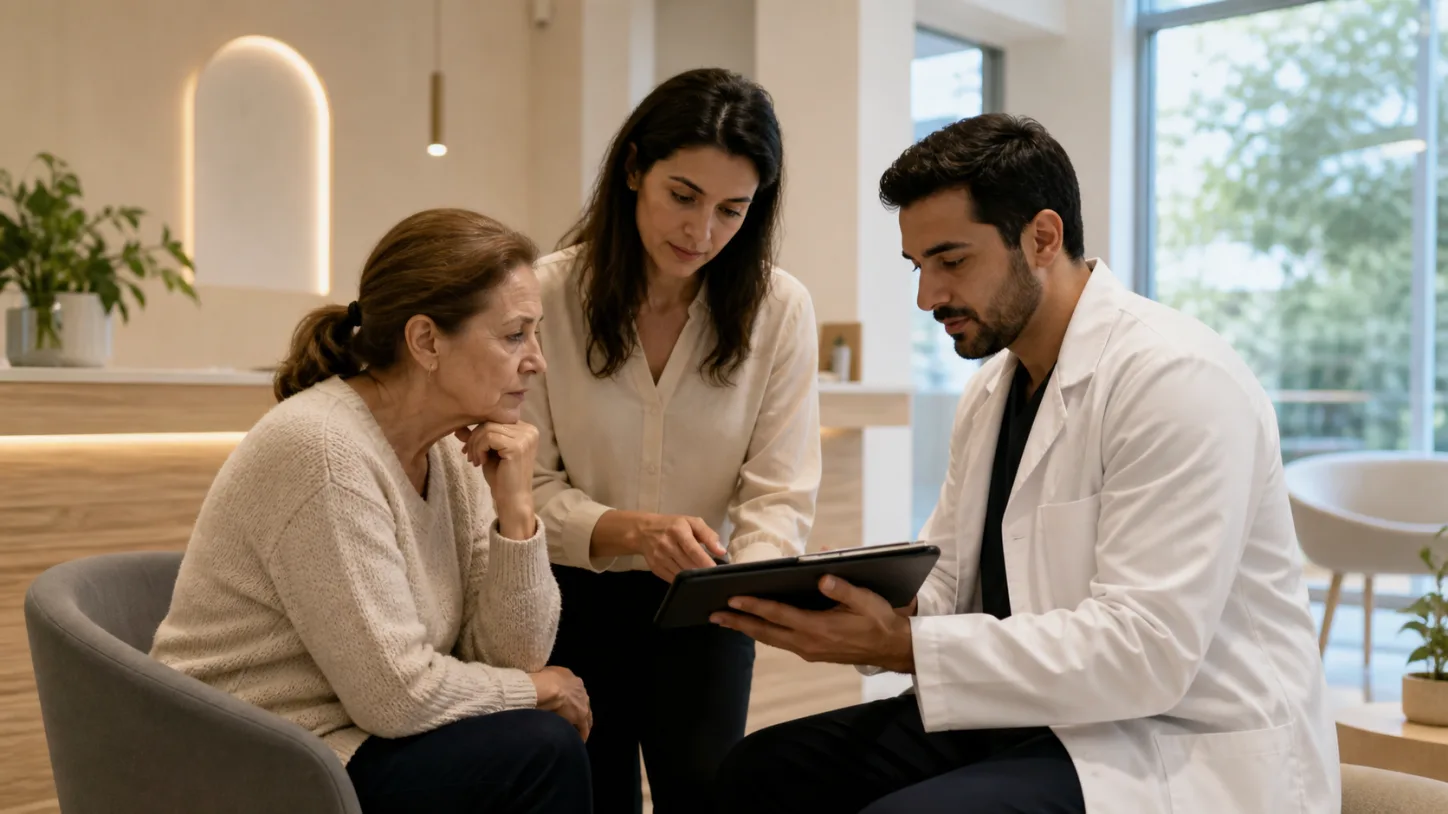 Un pacient, un coordonator și un clinician revizuiesc împreună următorul pas într-o clinică modernă