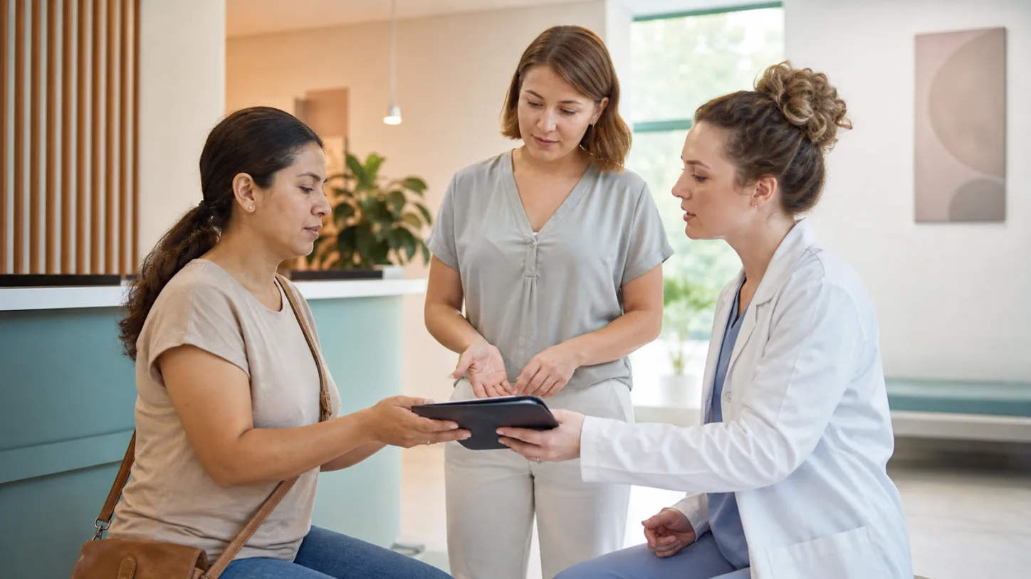 A patient, clinic coordinator, and clinician review the next step together in a modern clinic