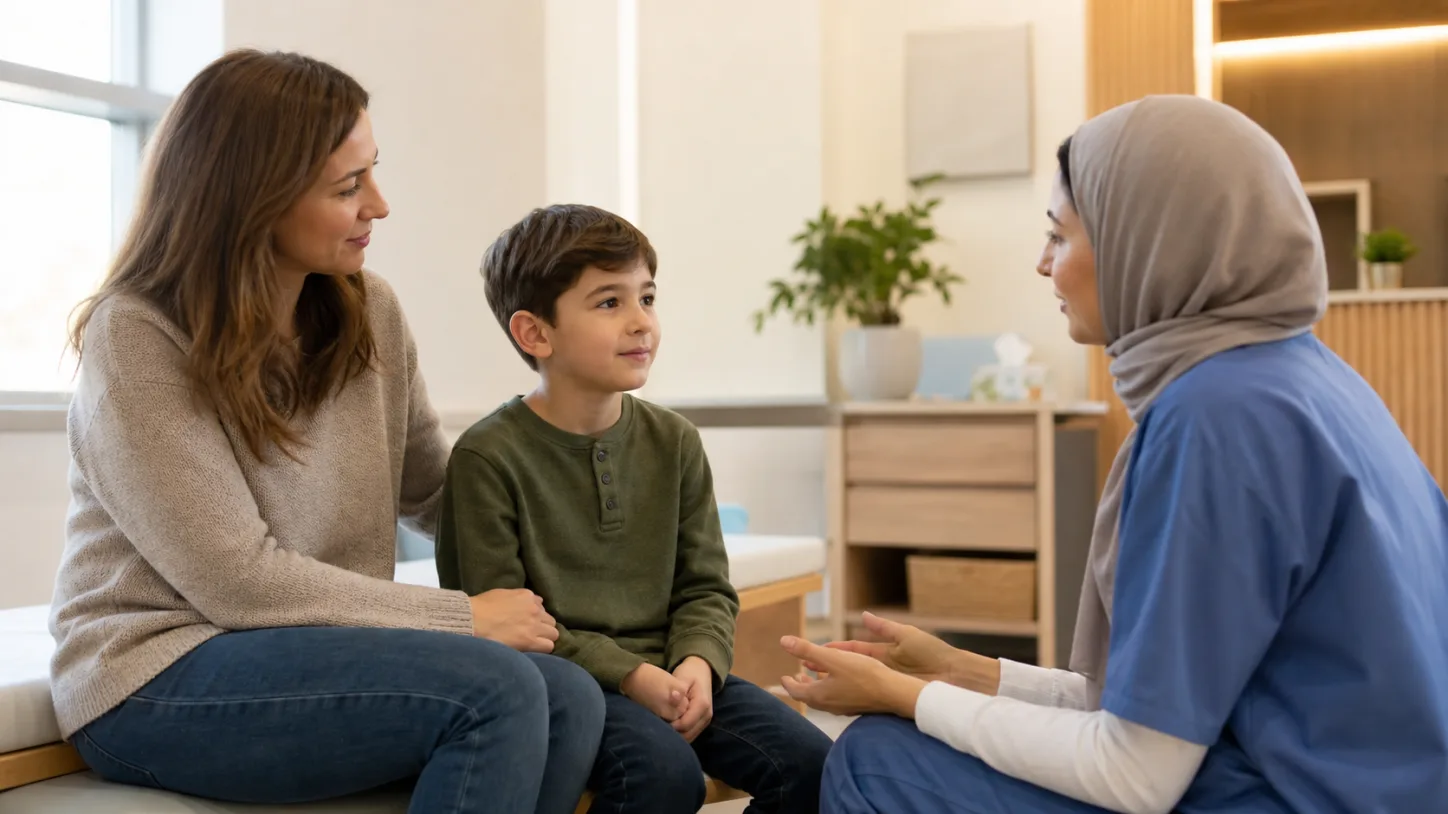 Un părinte și un copil discută cu un coordonator într-o sală pediatrică luminoasă