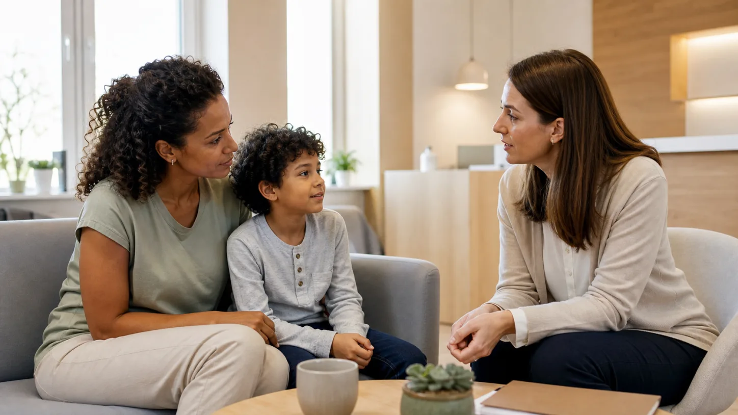 A parent and child speak with a clinic coordinator in a bright pediatric consultation room