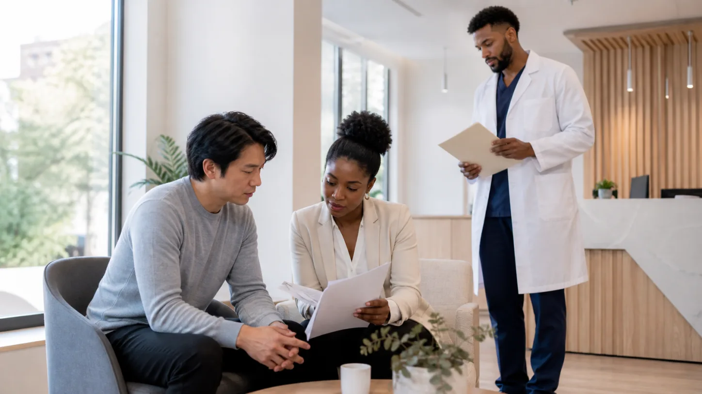 A patient and cardiology coordinator review a referral folder while a clinician prepares the handoff