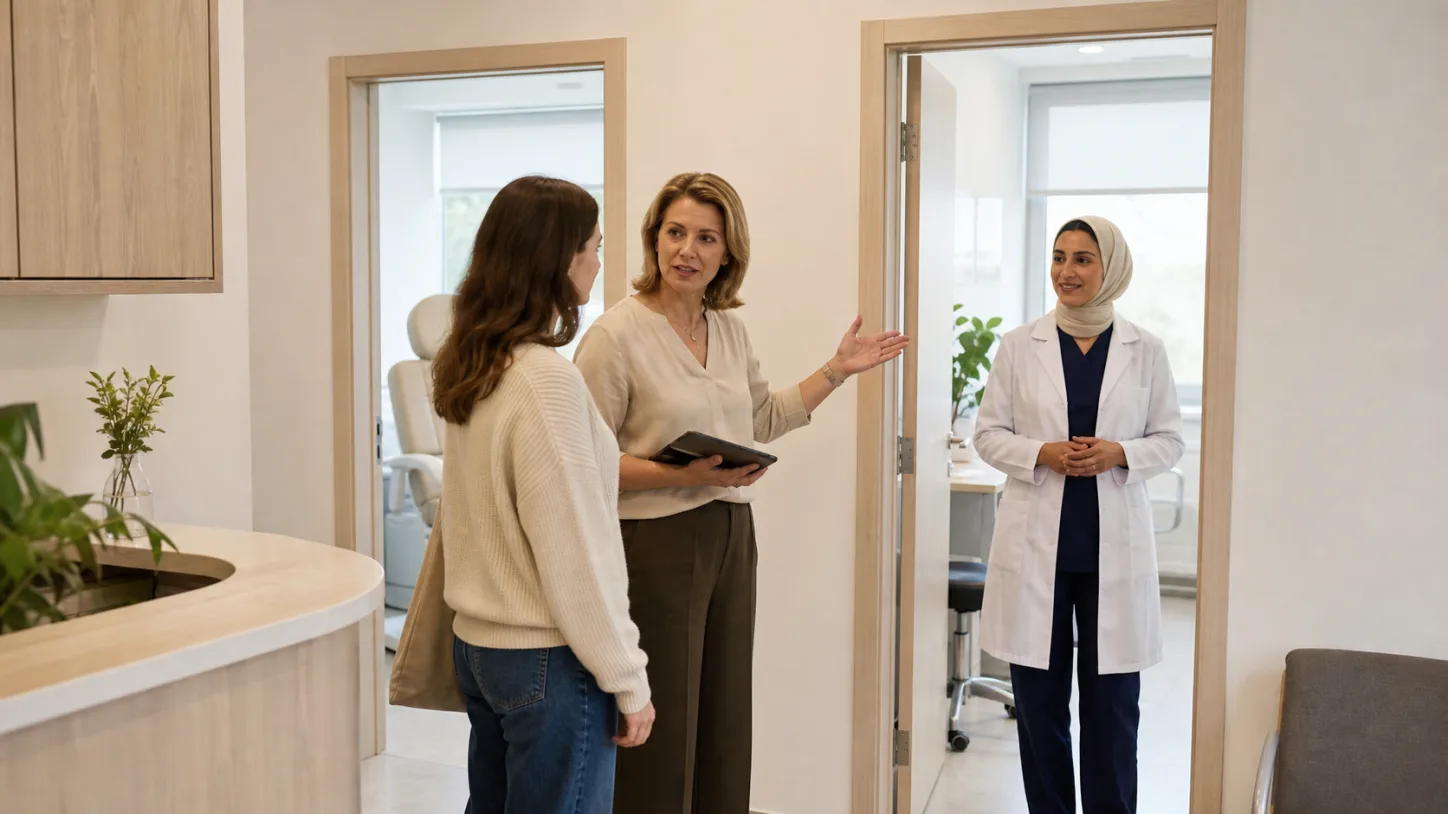 A clinic manager connects a patient with care teams in separate clinic rooms