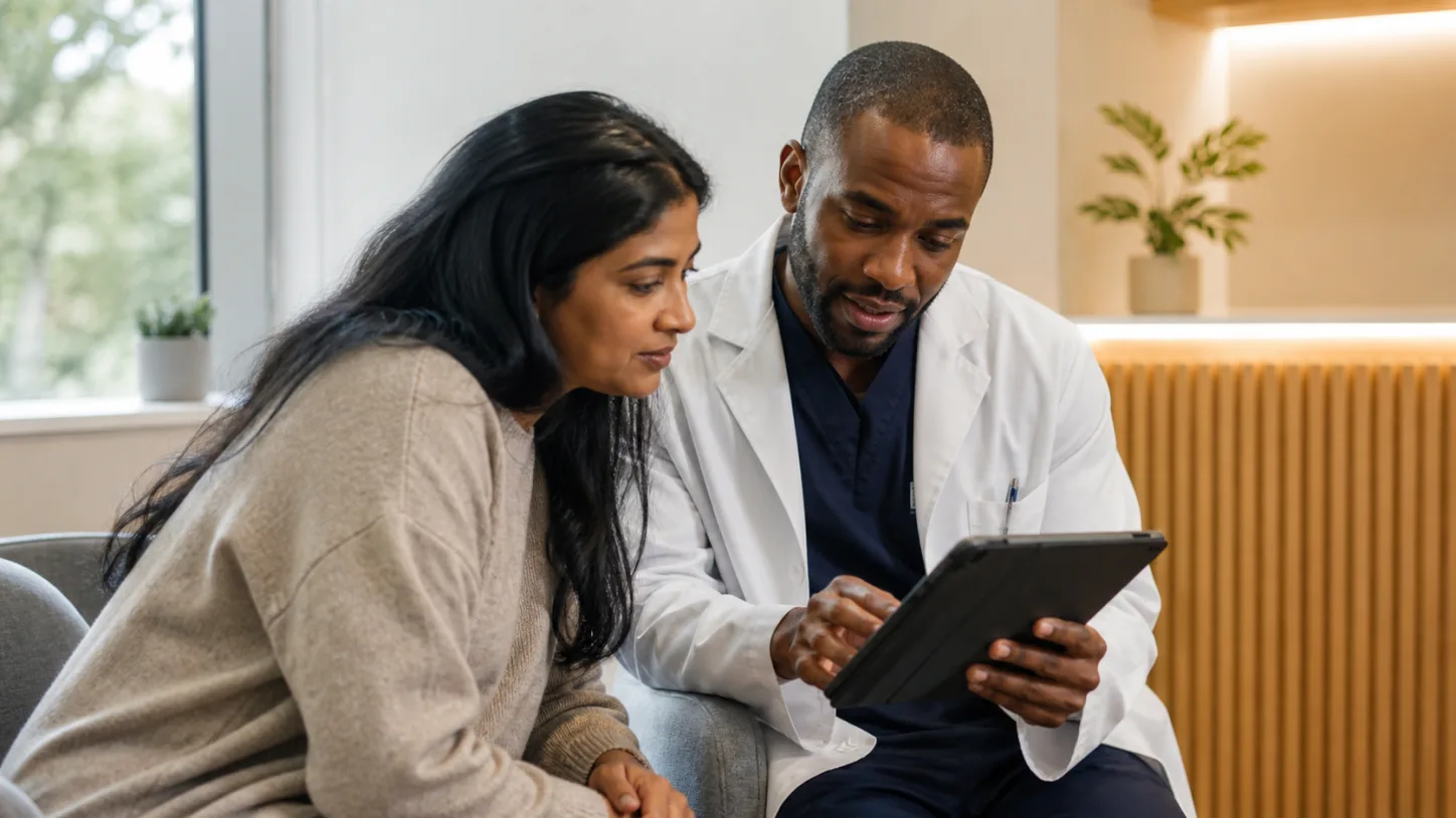 A patient and dermatologist review clinical photographs on a tablet without a procedure