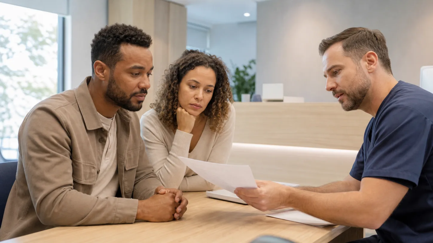 A patient and urology clinician review a referral and follow-up plan