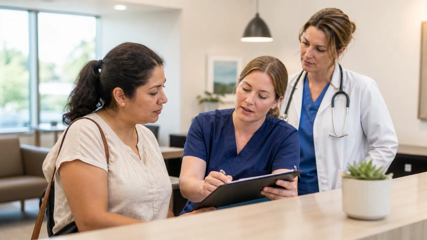A patient and billing coordinator check the next administrative step after a visit