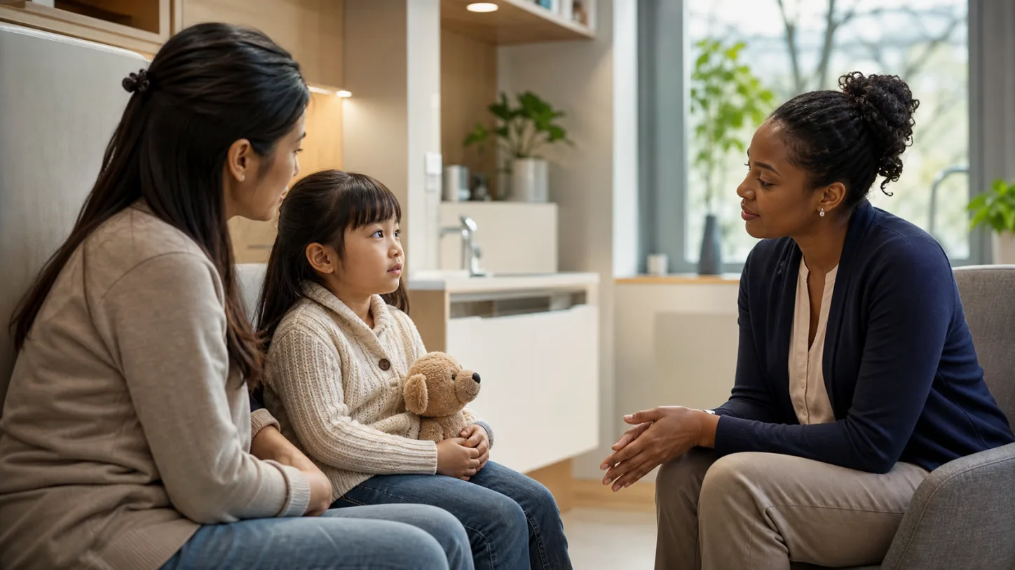 A parent and child speak with a clinic coordinator in a bright pediatric consultation room