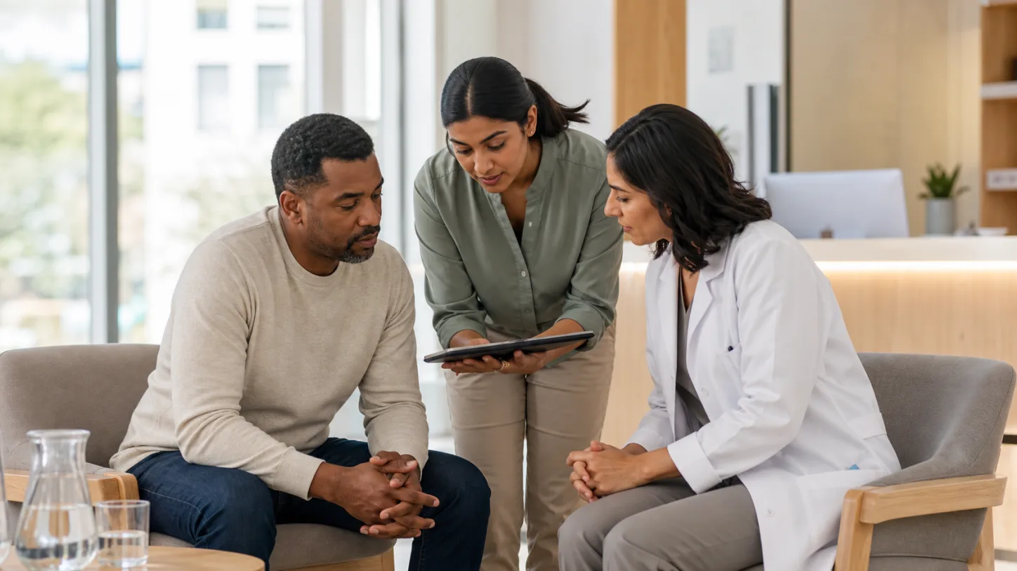 A patient, clinic coordinator, and clinician review the next step together in a modern clinic