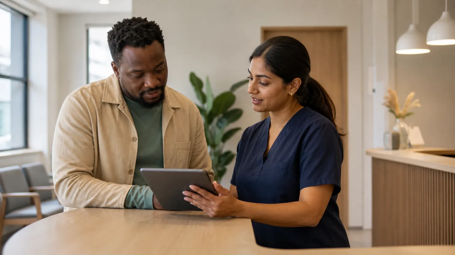 A patient and clinic coordinator complete check-in together on a tablet