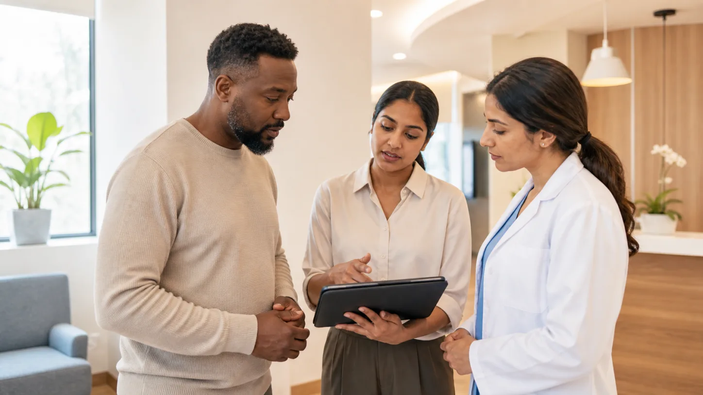 A patient, clinic coordinator, and clinician review the next step together in a modern clinic