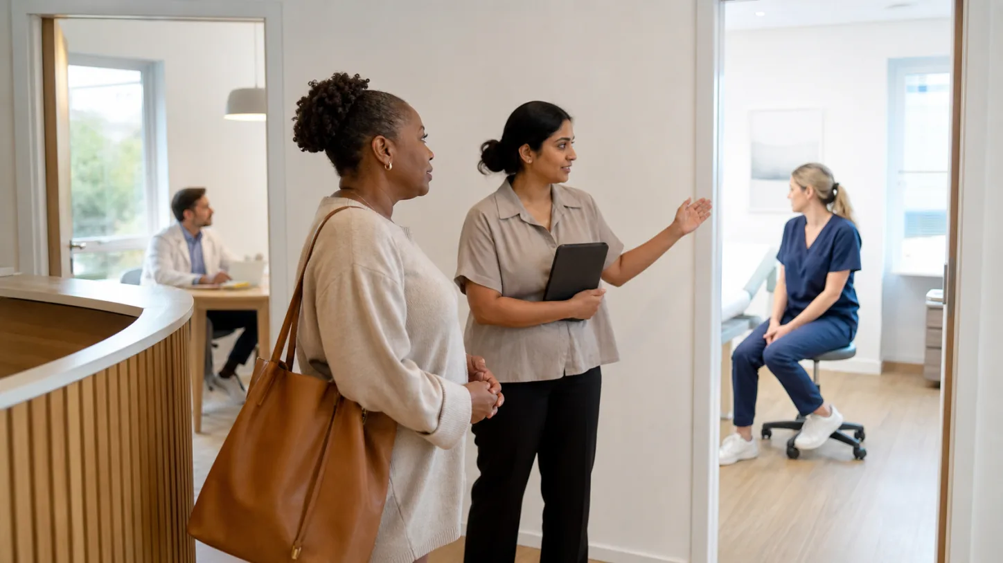 A clinic manager connects a patient with care teams in separate clinic rooms