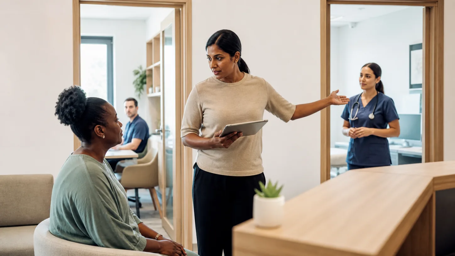 A clinic manager connects a patient with care teams in separate clinic rooms