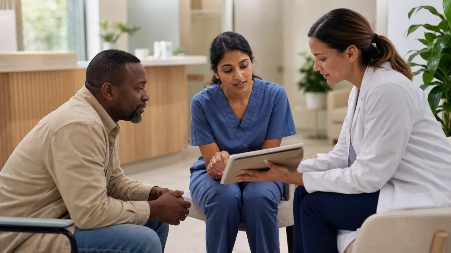 A patient, clinic coordinator, and clinician review the next step together in a modern clinic