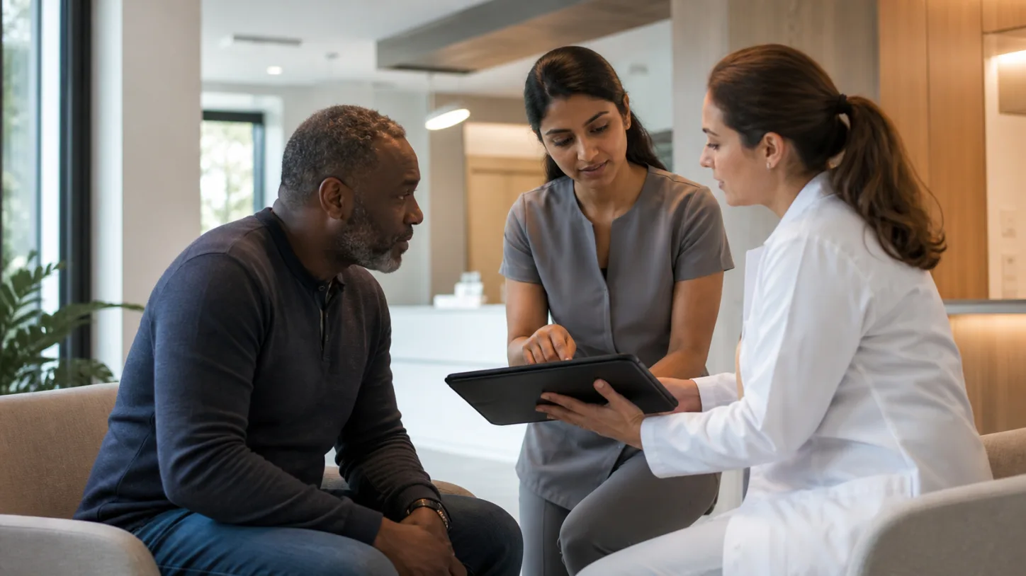 A patient, clinic coordinator, and clinician review the next step together in a modern clinic