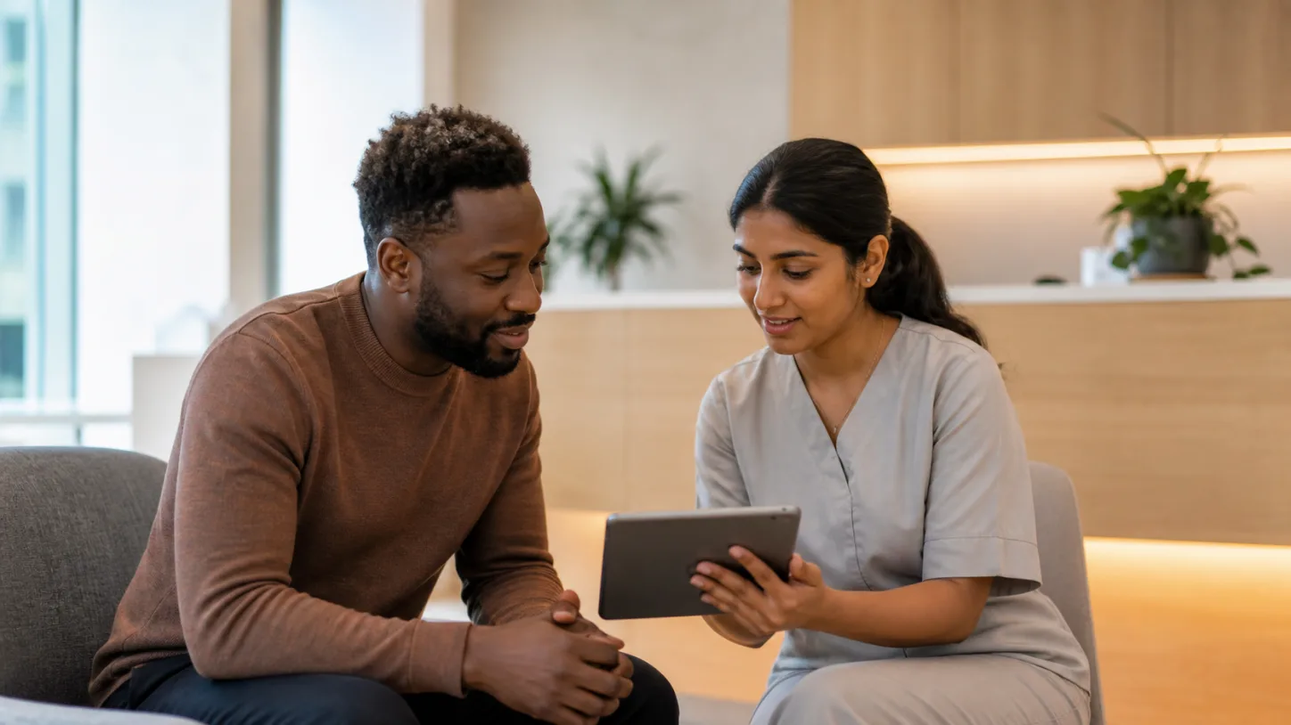 A patient and clinic coordinator complete check-in together on a tablet