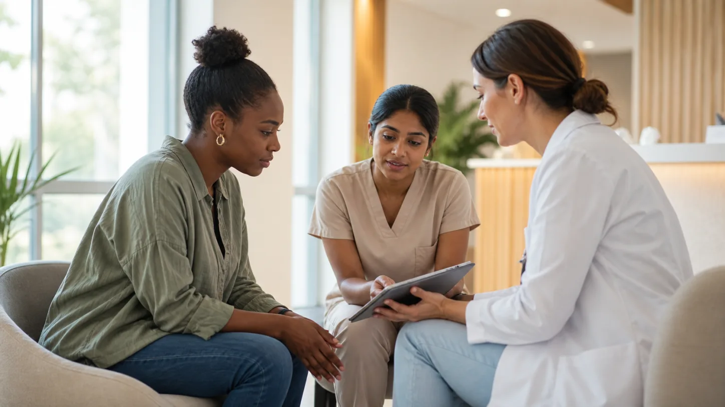 A patient, clinic coordinator, and clinician review the next step together in a modern clinic