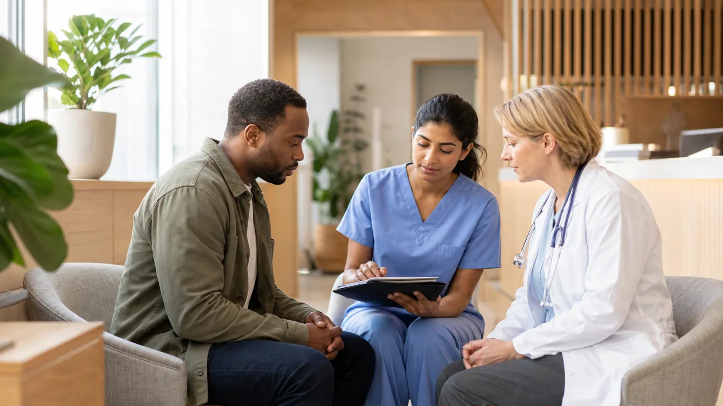 A patient, clinic coordinator, and clinician review the next step together in a modern clinic