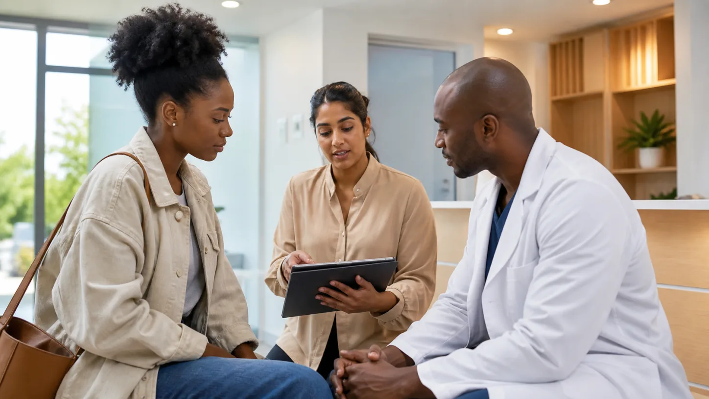 A patient, clinic coordinator, and clinician review the next step together in a modern clinic