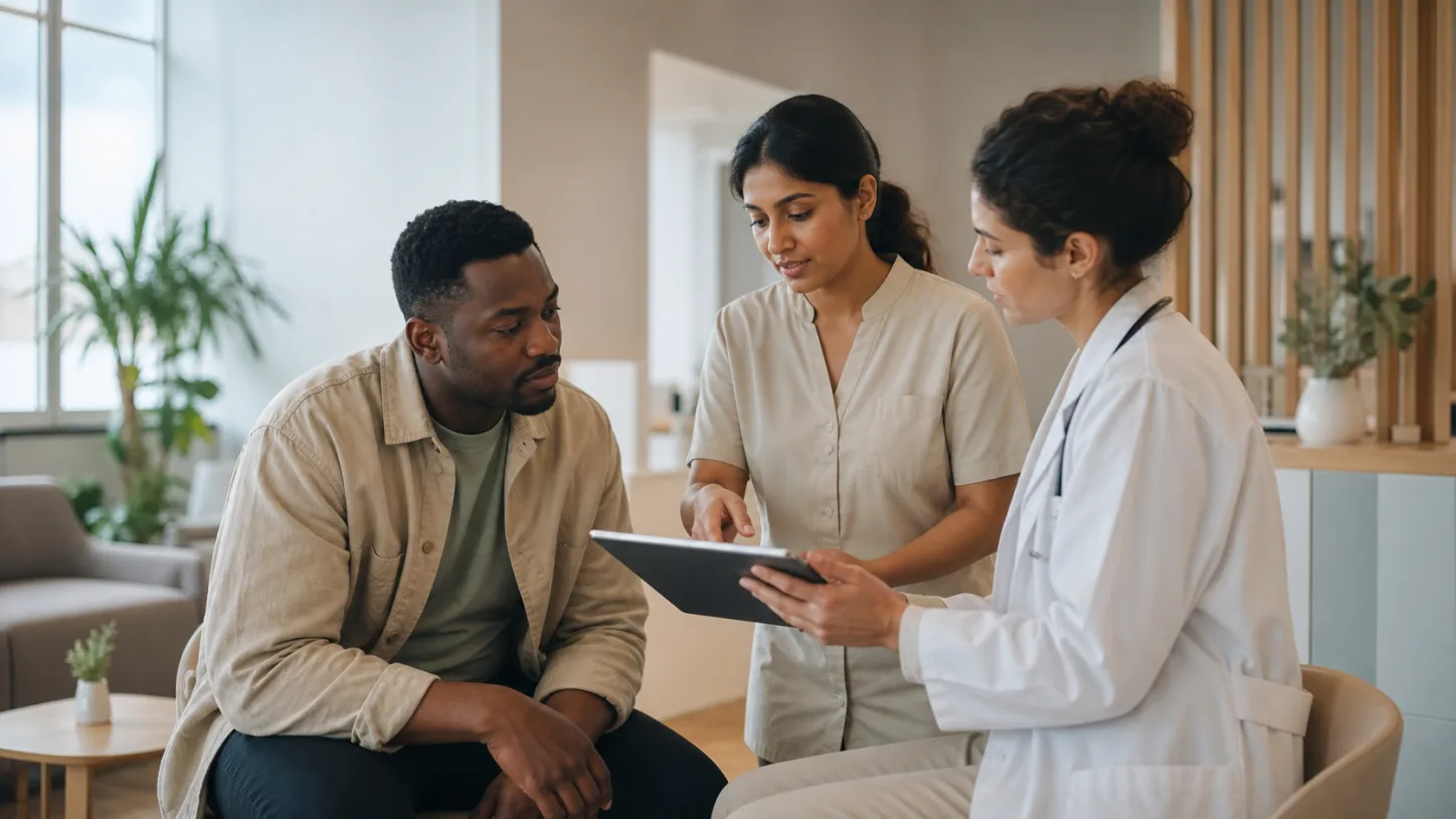A patient, clinic coordinator, and clinician review the next step together in a modern clinic