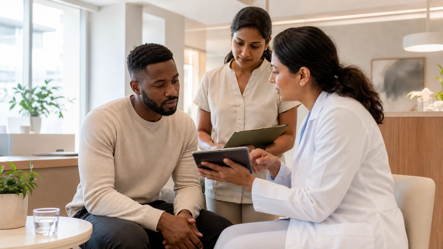 A patient, clinic coordinator, and clinician review the next step together in a modern clinic