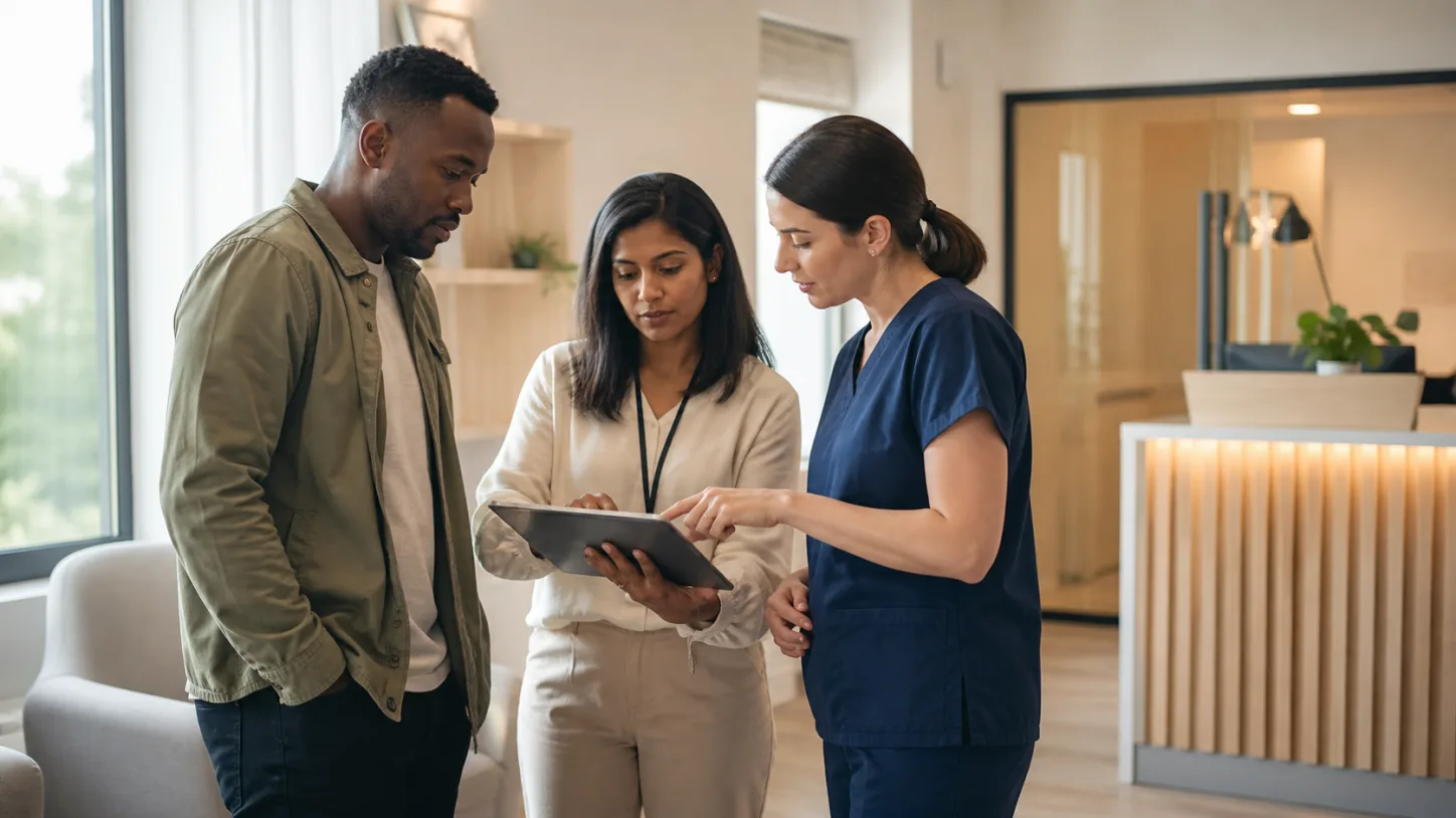 A patient, clinic coordinator, and clinician review the next step together in a modern clinic