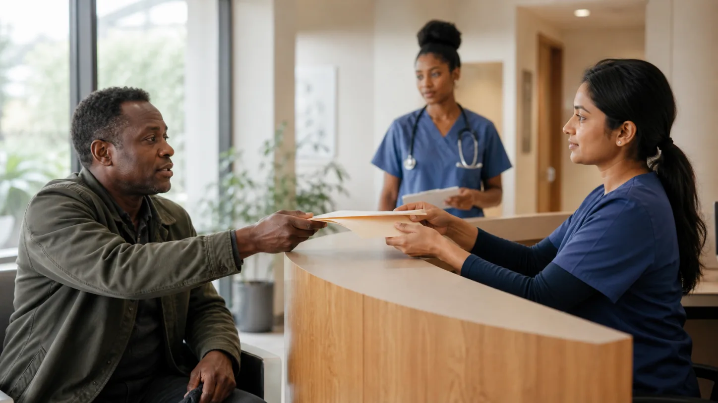 A patient hands a referral folder to a coordinator as a clinician prepares the next handoff