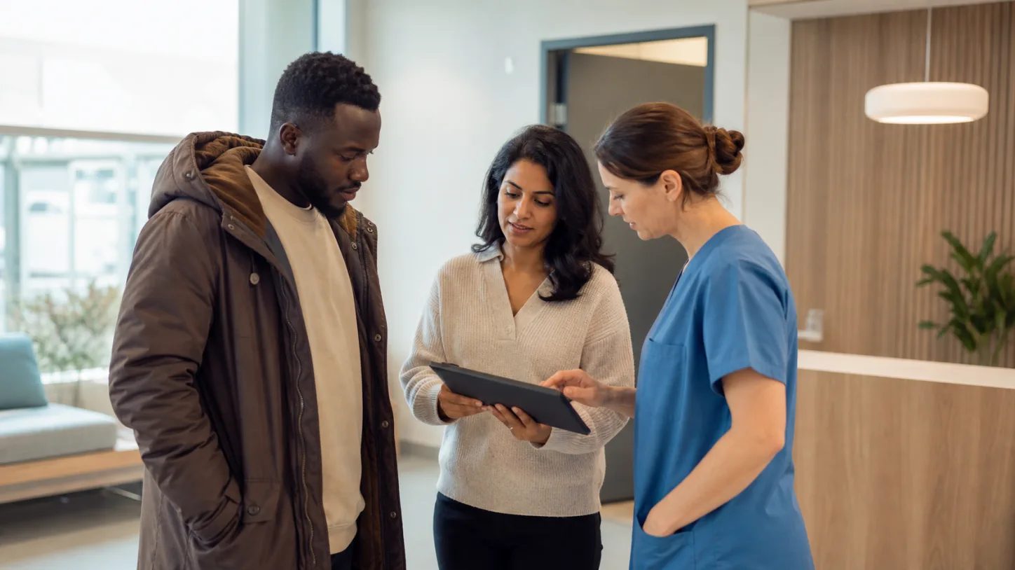 A patient, clinic coordinator, and clinician review the next step together in a modern clinic