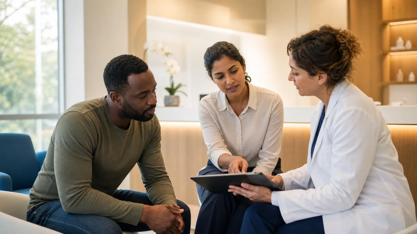 A patient, clinic coordinator, and clinician review the next step together in a modern clinic