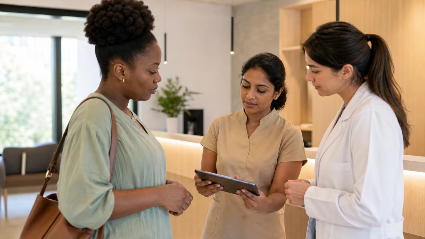 A patient, clinic coordinator, and clinician review the next step together in a modern clinic