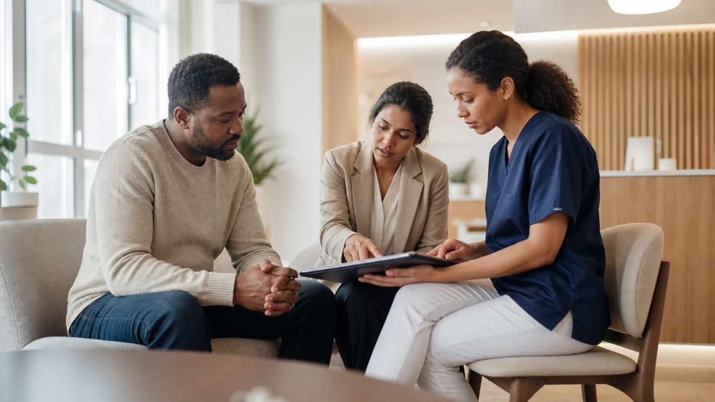 A patient, clinic coordinator, and clinician review the next step together in a modern clinic