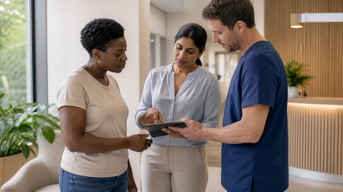 A patient, clinic coordinator, and clinician review the next step together in a modern clinic