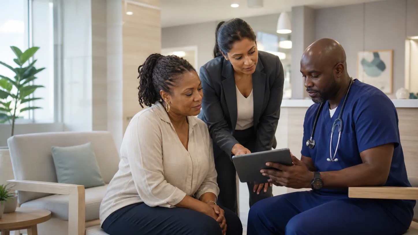 A patient, clinic coordinator, and clinician review the next step together in a modern clinic