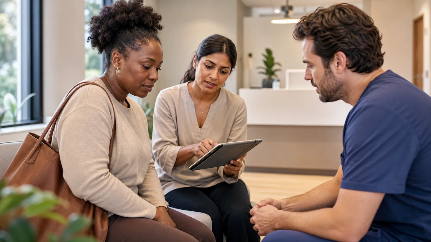A patient, clinic coordinator, and clinician review the next step together in a modern clinic