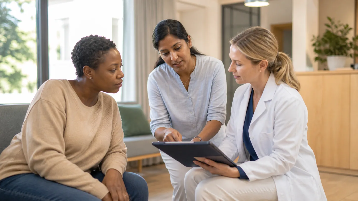 A patient, clinic coordinator, and clinician review the next step together in a modern clinic