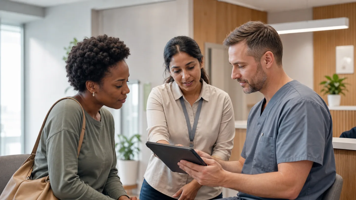 A patient, clinic coordinator, and clinician review the next step together in a modern clinic