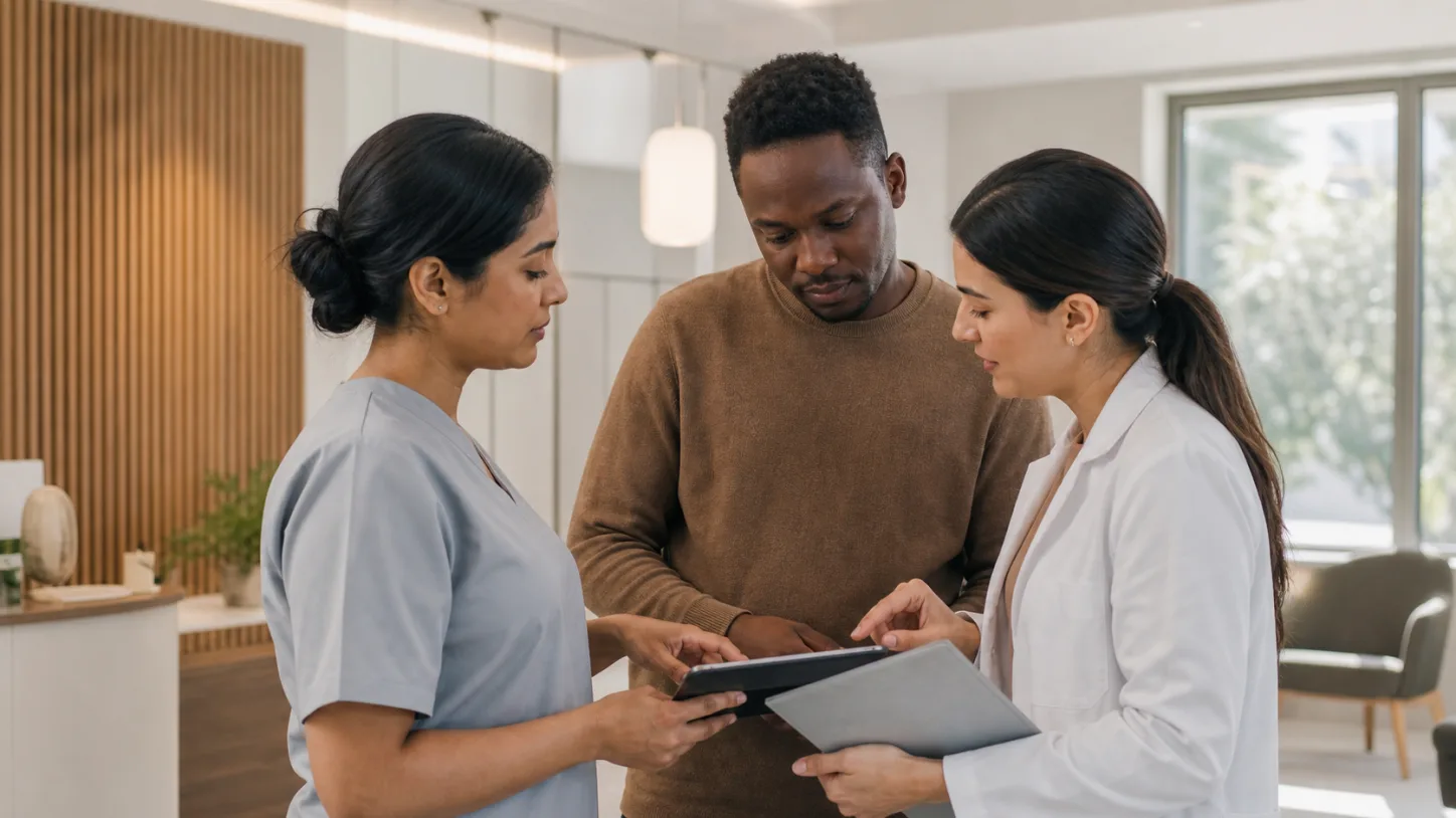A patient, clinic coordinator, and clinician review the next step together in a modern clinic