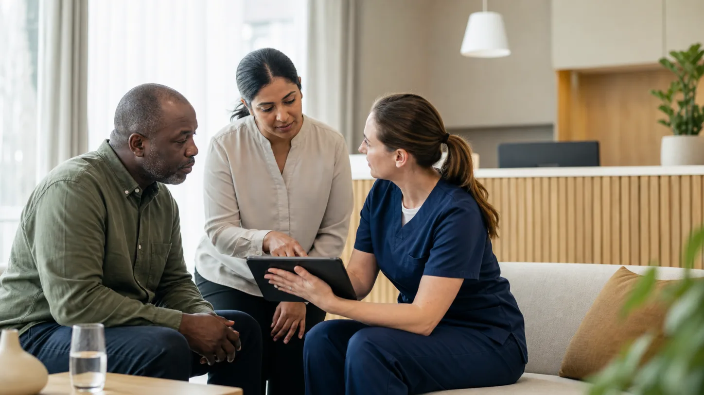 A patient, clinic coordinator, and clinician review the next step together in a modern clinic