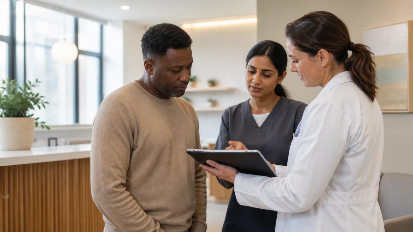 A patient, clinic coordinator, and clinician review the next step together in a modern clinic