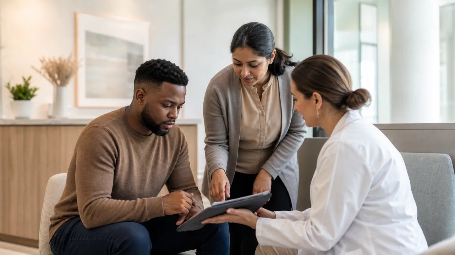 A patient, clinic coordinator, and clinician review the next step together in a modern clinic