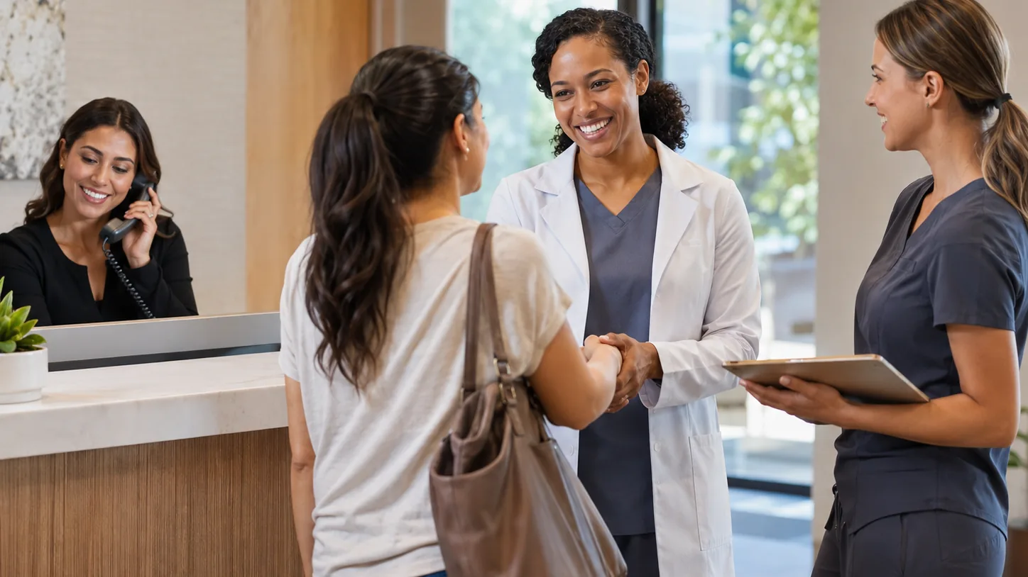 A clinic receptionist welcomes a patient while a clinician and staff member coordinate the next handoff