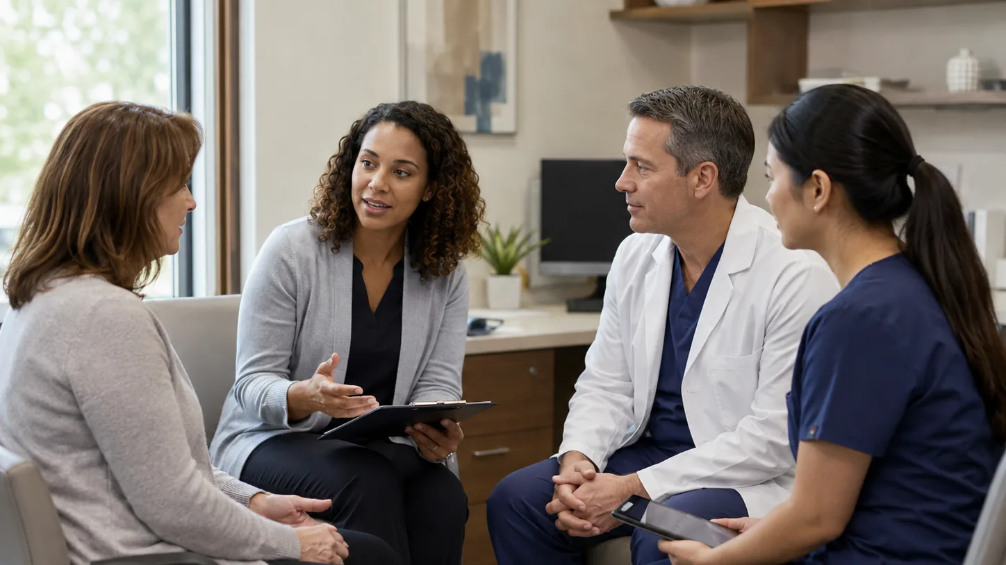A patient discusses next steps with a coordinator and care team in a clinic consultation room