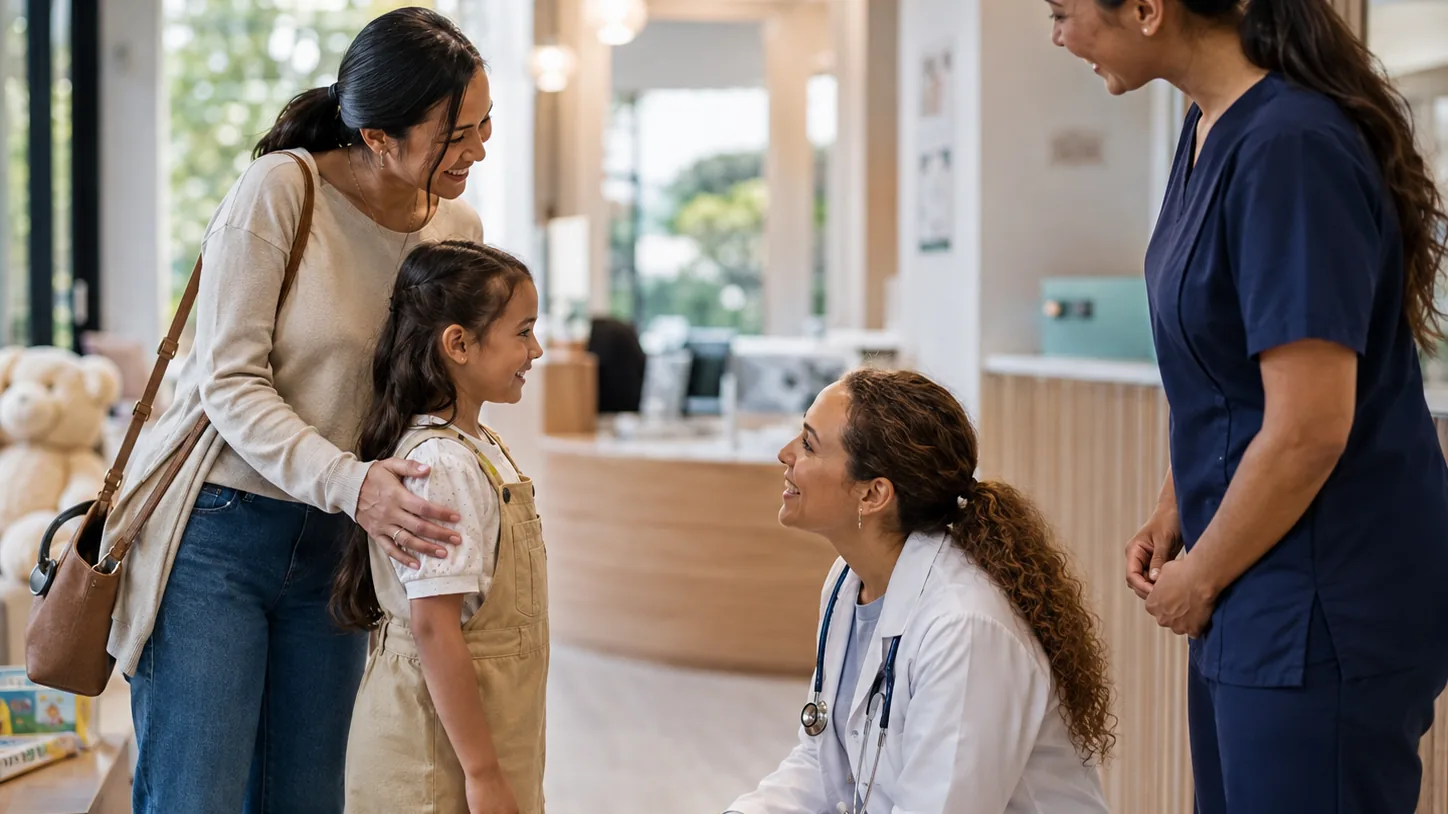 A pediatrician speaks with a child and parent in a welcoming clinic while another staff member stands nearby