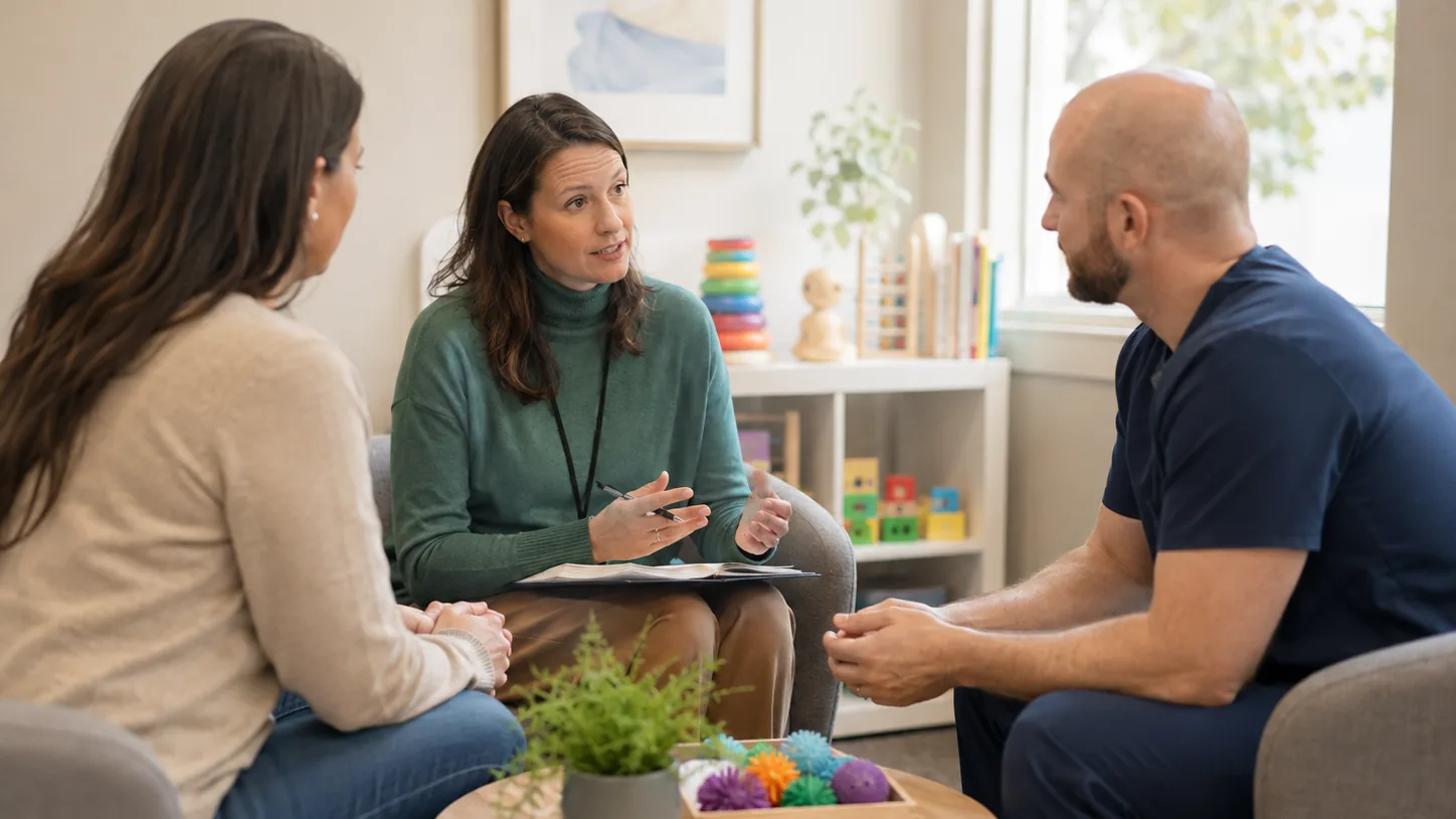A small clinic team discusses the next handoff with a parent in a calm consultation room
