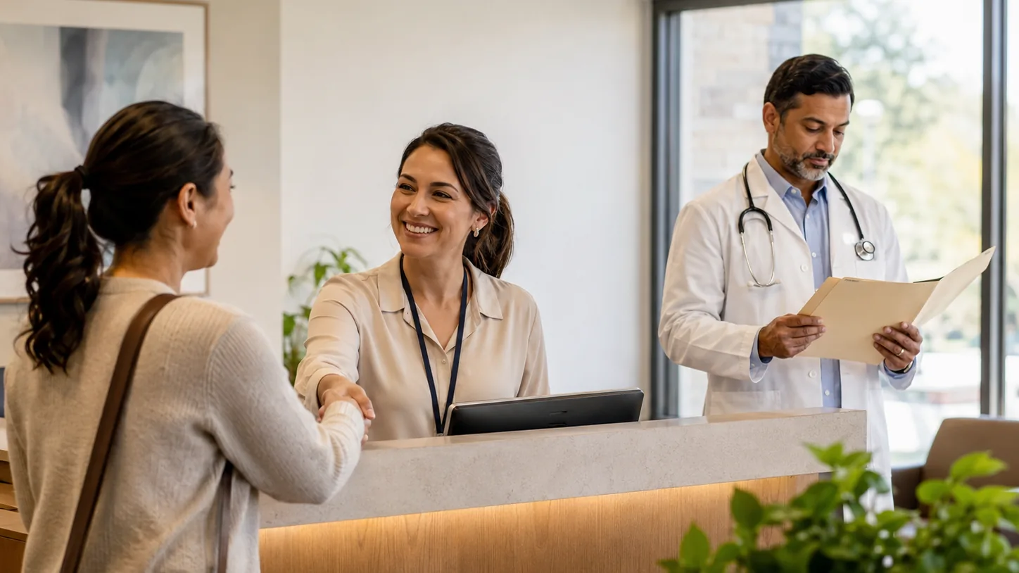 A clinic coordinator welcomes a patient while a physician reviews a referral document nearby